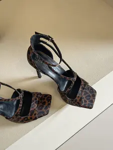 Elegant Women's Leopard Print High Heels, Open Toe Slip-On Sandals, Cross Cut-Out Design, Elegant Party Shoes, Stylish Summer Shoes for Ladies