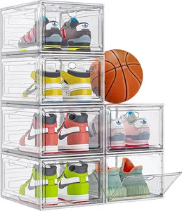 6 Pack Clear Shoe Storage Organizer with Magnetic Door, Stackable Boxes for Closet, Space-Saving Shoe Rack for Sneaker Boot Container, Plastic Shoe Cabinet Shoe Box