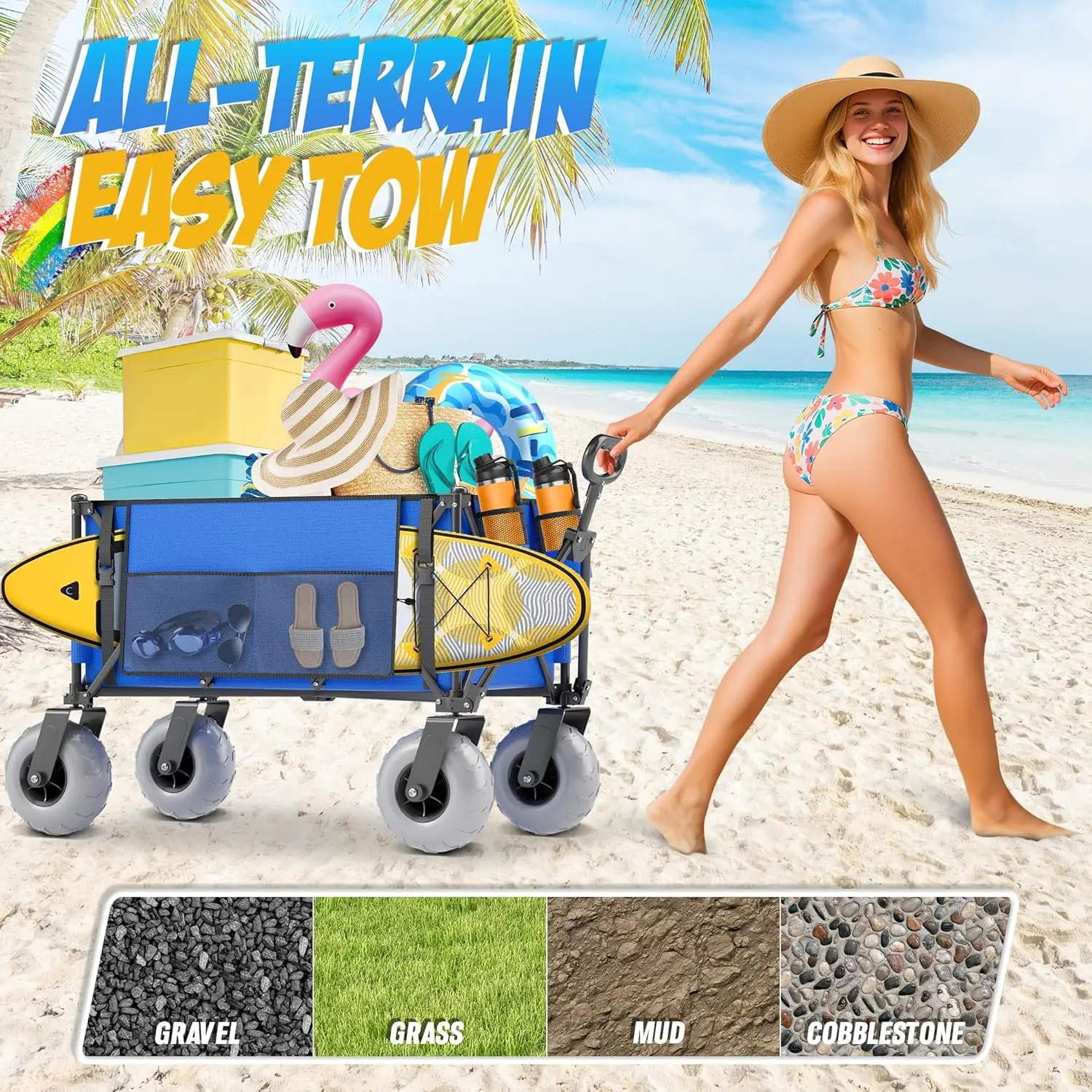 【Summer Sale】Beach Wagon with Big Wheels for Sand, 350lbs Heavy Duty Folding Wagon, Oversized 180L, 9" PVC All-Terrain Wheels, Adjustable Handle, Cooler & Storage Bags for Beach, Camping & Outdoor Sports