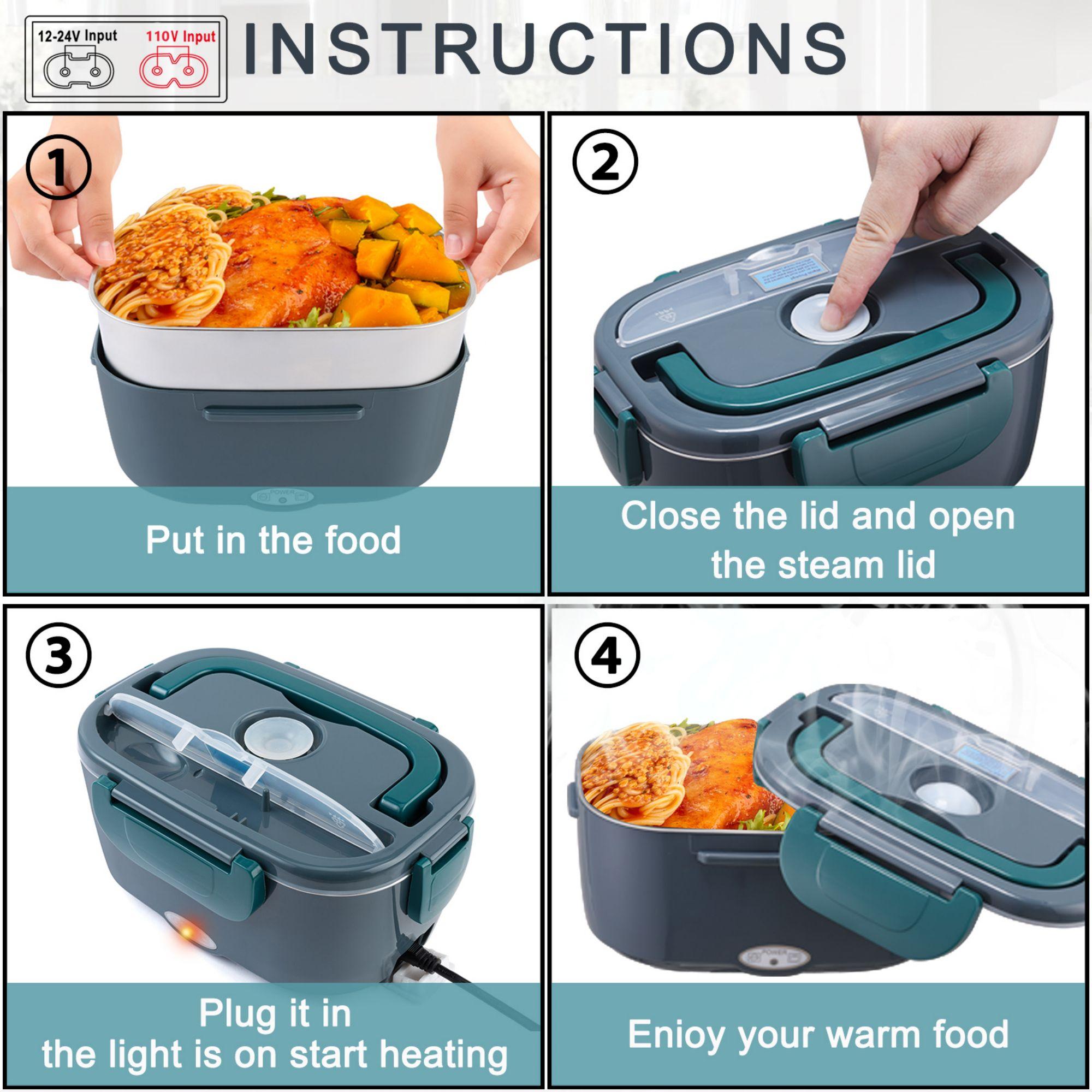 Electric Lunch Box -12V/24V/110V, 80W, 1.8L Capacity Portable Food Heater with Tableware and Lunch Bag for Car, Home, Office & Travel Use