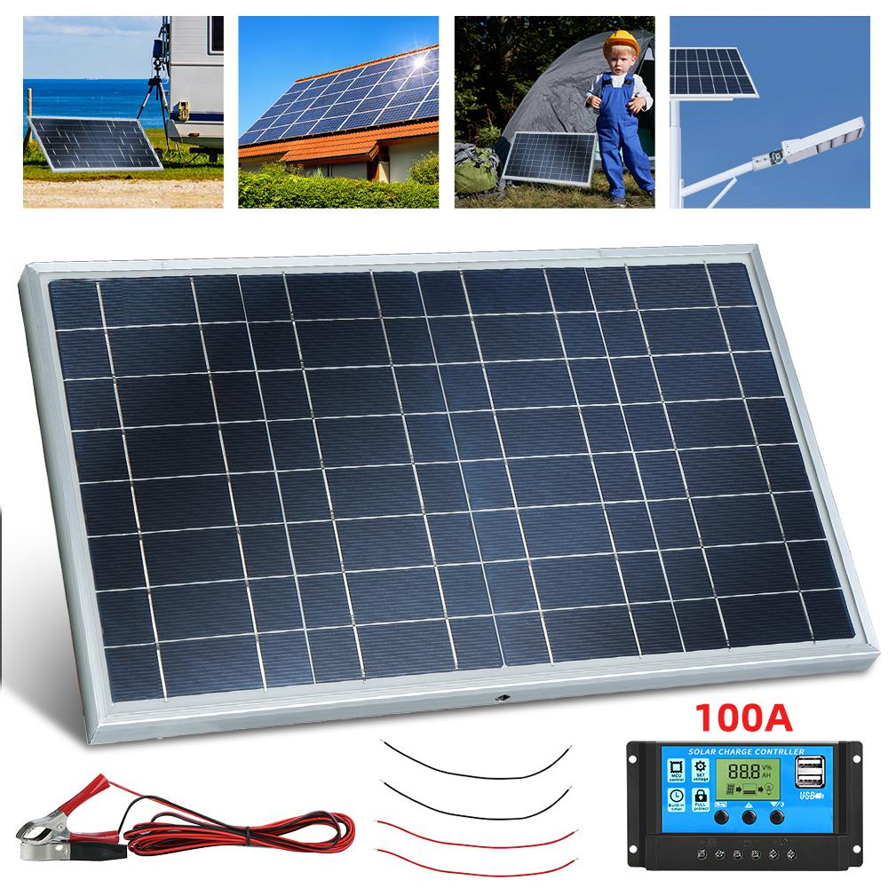 10W Portable Solar Panel Kit with 100A Controller, Multi-Crystalline 12V Battery Charger for RV Camping Home Backup, Complete Set with Cables