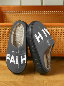 Faith Cross Vintage Plush Slippers, Fluffy House Slippers, Trendy Religious Style, Warm Fleece Lining, Soft Sole, Winter Home Shoes for Young Adults