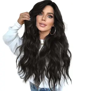 AISI HAIR 26inch Long Wavy Wigs for Women, Synthetic Middle Part Wig for Daily Party Use Glueless Black Wig Lace Frontal Wigs