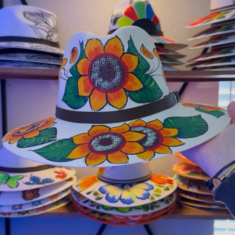Sunflower Wide Brim Hat | Hand-Painted Mexican Folk Art Design