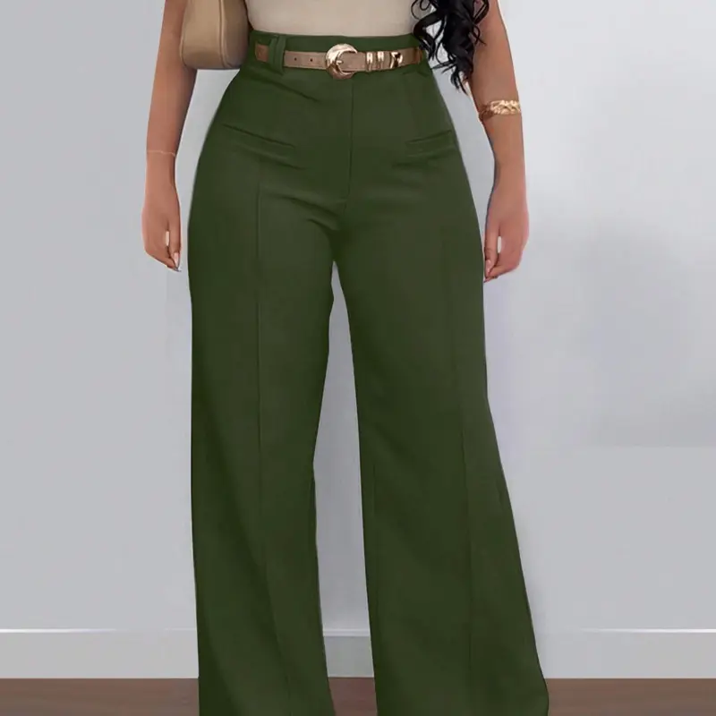 Women's Plain Pocket Fitted Wide Leg Pants, Casual Pocket Waist High Rise Comfy Lady Womenswear Trousers for Spring & Fall, Women's Bottoms for Daily Wear