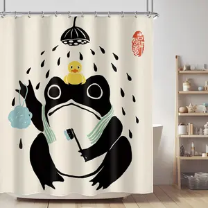 Funny Frog Shower Curtain Bathroom Set 71Wx71H Inches Asian Style Traditional Japanese Art Rubber Duck Cute Animal Bath Accessories Retro Black Beige Art Home Decor Fabric 12 Pack Hooks