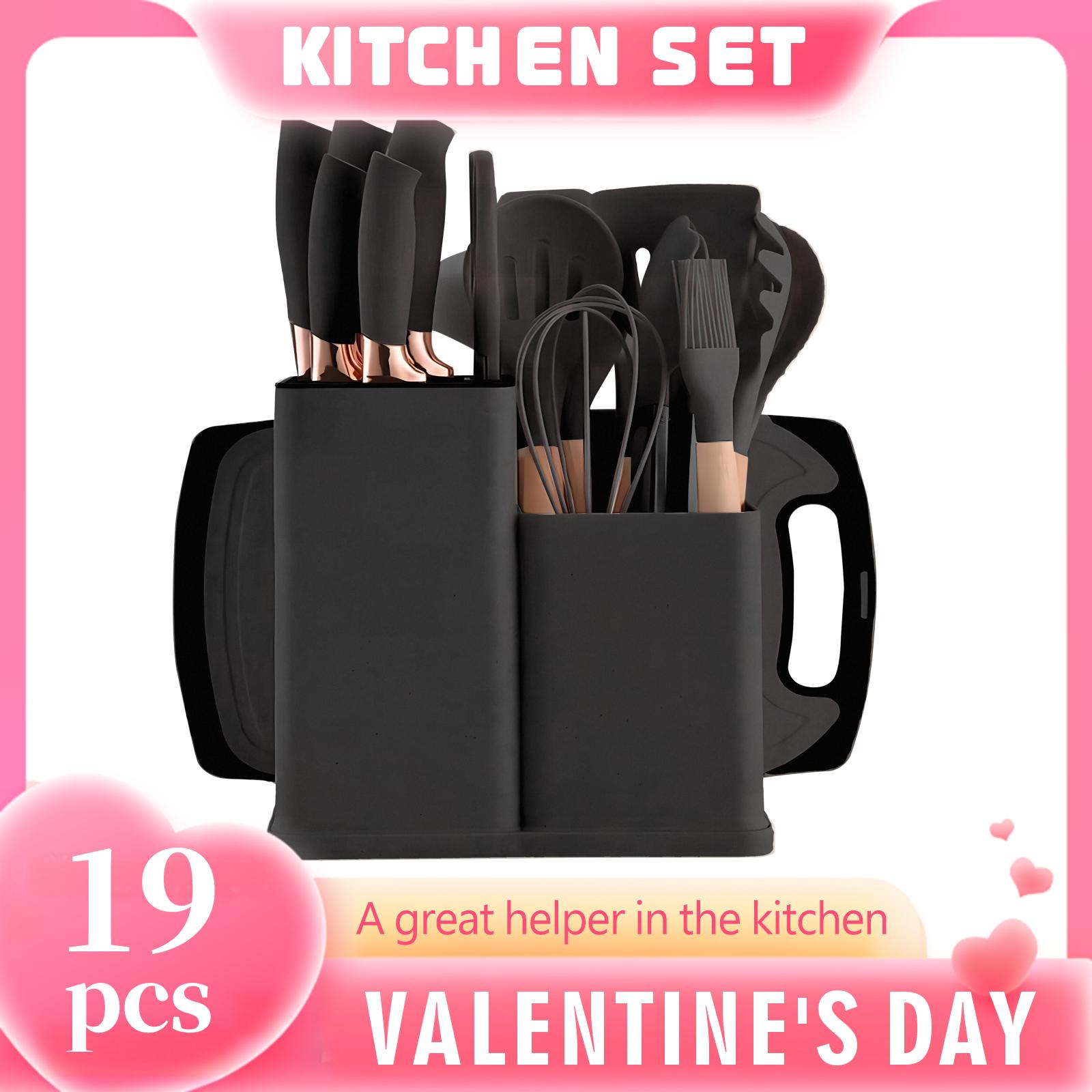 Hot Selling Silicone Kitchen Utensil Set 19-Piece Cooking Spoon Spatula Knife Storage Bucket Wooden Utensil Set Kitchen Tools Ladle Sturdy Durable Kitchenware Cookware