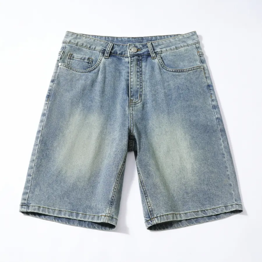 Men’s summer slim-fit denim shorts, retro washed Lyocell cotton mid-length jeans shorts—lightweight, soft, breathable, and comfortable; men’s summer shorts for everyday wear with back pockets.