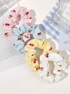 Bohemian Style Knitted Candy Color Grid Cherry Scrunchies Set, Soft & High Stretch Hair Ties for Spring Summer Beach, Cute Accessories