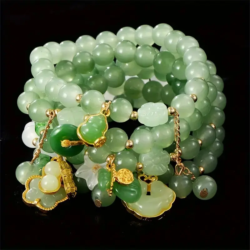 Elegant 7pcs Beaded Bracelet Set with Butterfly & Lily Pendants - Faux Jade, Vintage Chinese Style