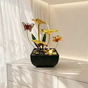 1 piece, USB-powered humidifier, light luxury gold lotus desktop fountain — modern home decor with LED luminous crystal ball and matte base, stress-relief indoor flowing water suitable for bedrooms, living rooms, balconies, and offices; includes a gift