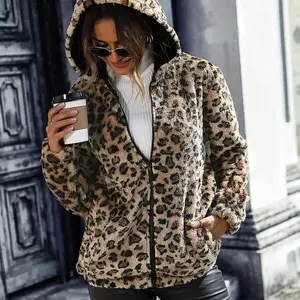 Versatile Long Sleeve Leopard Pattern Zipper Hooded Teddy Coat for Fall & Winter, Women's Clothing Fabric Jacket Polyester Tops Chic Womenswear Knit