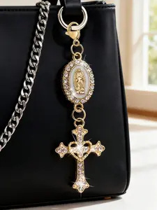 Christian Amulet Keychain with Religious Love and Rhinestone Cross, Mary Madonna Pendant, Pearl and Diamond Decor, Bag Charm, Wallet Accessory, Keychain for Bags