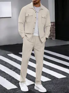 Men's Waffle Knit Shirt and Pants Set, Dual Chest Pockets, Notched Collar, Breathable Textured Fabric, Casual Fashion Top and Straight Leg Pants