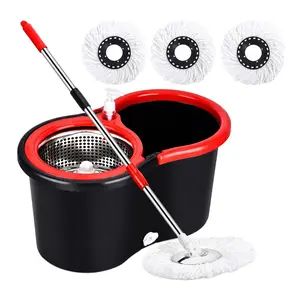 360 Rotating Spin Mop Bucket Cleaning System with Telescopic Stainless Steel Handle, Dual Chamber Wash Wring Bucket, Drain Plug Design, 3 Pack Microfiber Replacement Mop Heads for Hardwood Tile Laminate Household Floor Cleaning