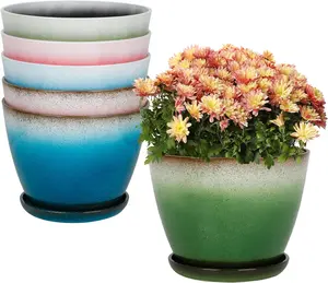 Davyline Plastic Round 8" H Planters Set of 6 Multicolor Small Gloss Flower Pots with Drainage Holes and Saucers for Indoor Plants