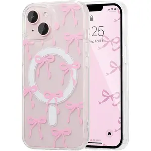 Magnetic for iPhone 17 16 15 14 13 12 11 Case, Bow Case Compatible with MagSafe, Wireless Slim Clear Ribbon Phone Cover Anti-Yellowing Shockproof Protective Cover for Women Girl - Pink.QXG339