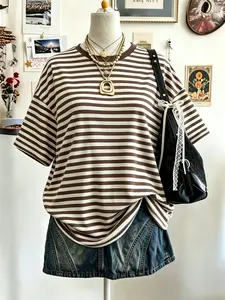 Women's Striped Print Round Neck T-Shirt, Casual Lightweight Loose-Fitting Short Sleeve Top, Fashionable Summer Wear, Stripe Lover Essential, Womenswear