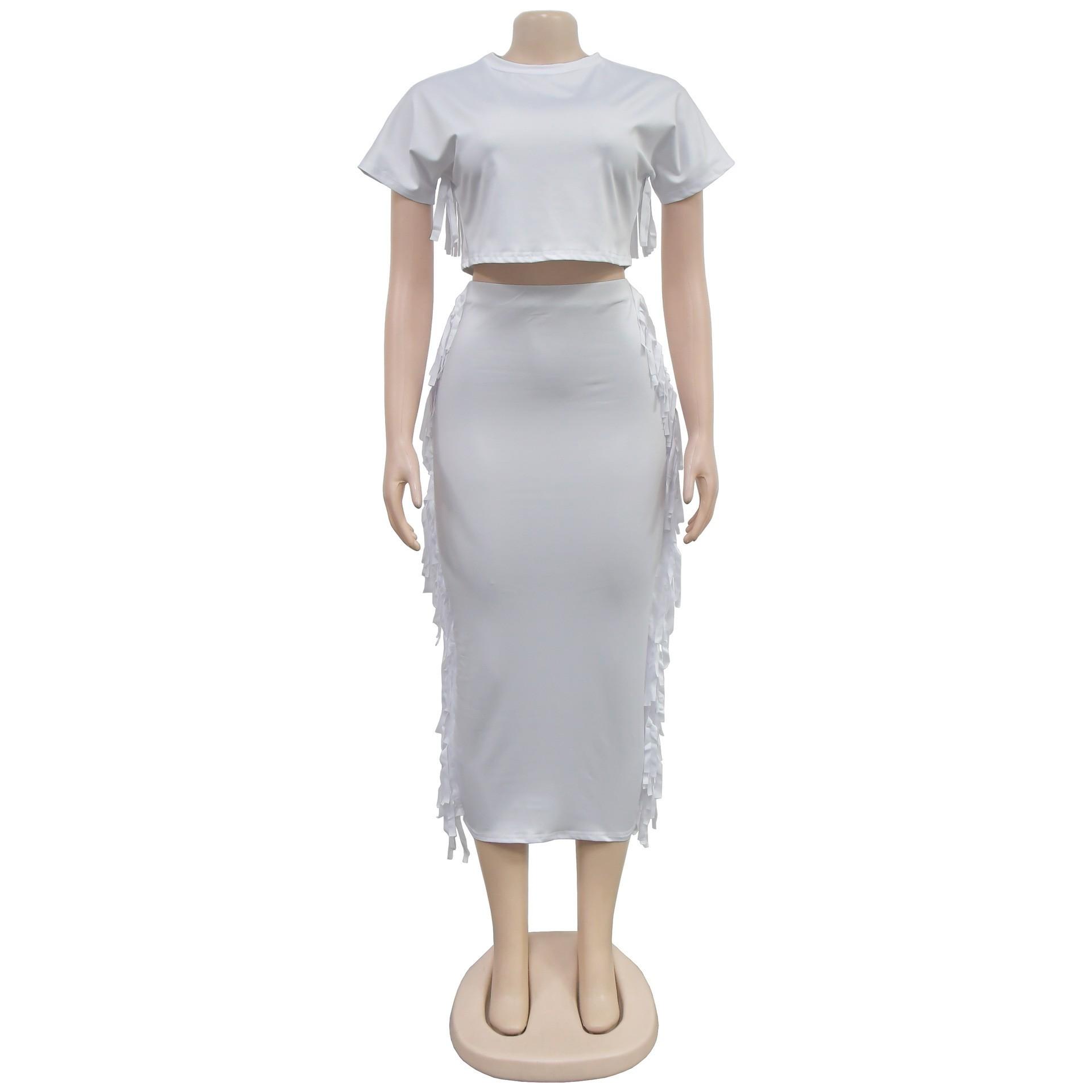 FashionableStyle Solid Color Fringe Round Neck Short Sleeve Long Dress Two-Piece Set