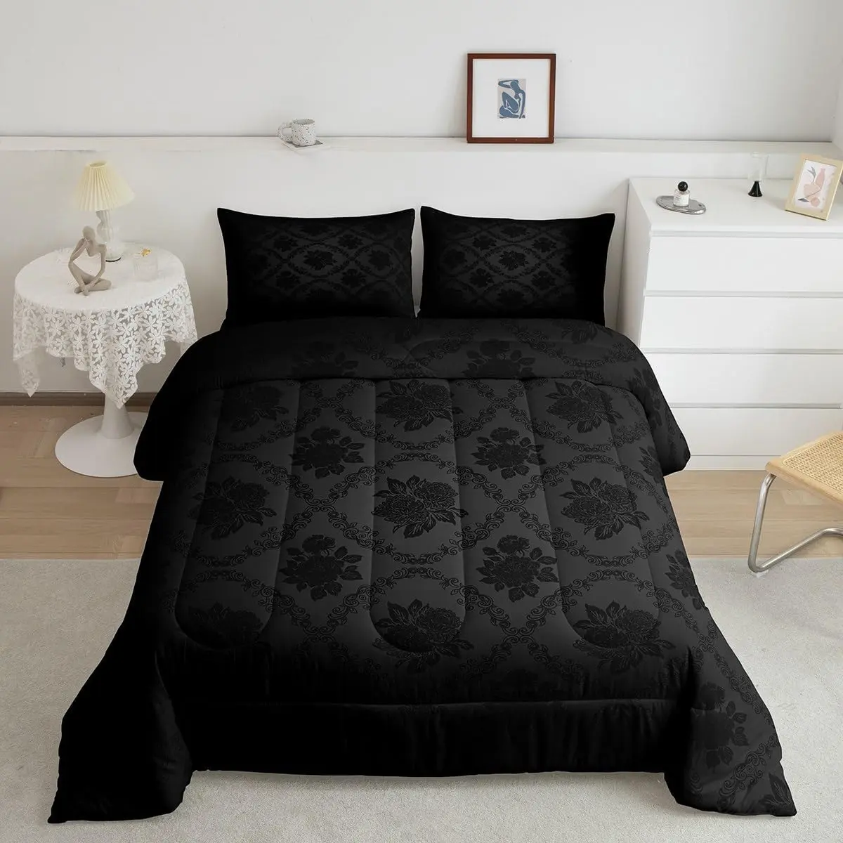 Feelyou Gothic Microfiber Bed Comforter Set - Vintage Rose Floral, Ombre Black Damask, Luxury Flower Duvet, Decorative Bedding Quilt Set for Room Decoration, Decorative Bedding Set
