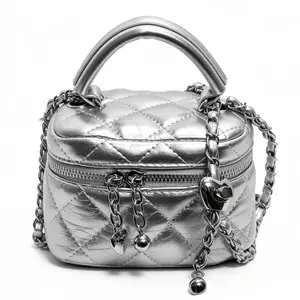Fashion Classic Multifunctional Waterproof PU Material Shoulder Crossbody Bag, Diamond Quilted Pattern Handbag, Lightweight Easy to Carry, Zipper Closure Design, Heart-Shaped Zipper Decor Round Box Bag, Coin Purse, Suitable for Shopping, Travel, Commuting