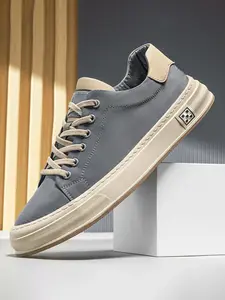 Men's Lightweight Casual Sneakers - Blue Low-Top Lace-Up Shoes with Beige Rubber Sole, Comfortable Fabric Upper for Casual Attire