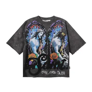 Sparkling Rhinestone Crew Neck T-Shirt, Unisex Loose Cotton Summer Tee, Plus Size, Bling Character Print, Washed Gray Full Diamond Cropped Top for Men Women