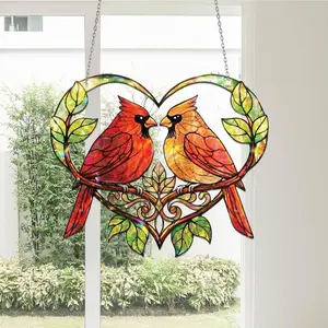 Cardinal Birds Heart Acrylic Suncatcher Window Hanging Anniversary Couple Gift Romantic Decor
