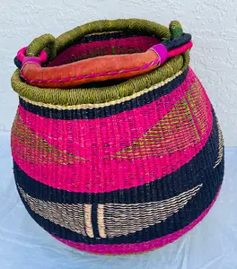 Authentic Hand Woven Straw Baskets and Fabric Fans - Colorful Striped Design with Pink Green and Blue Accents