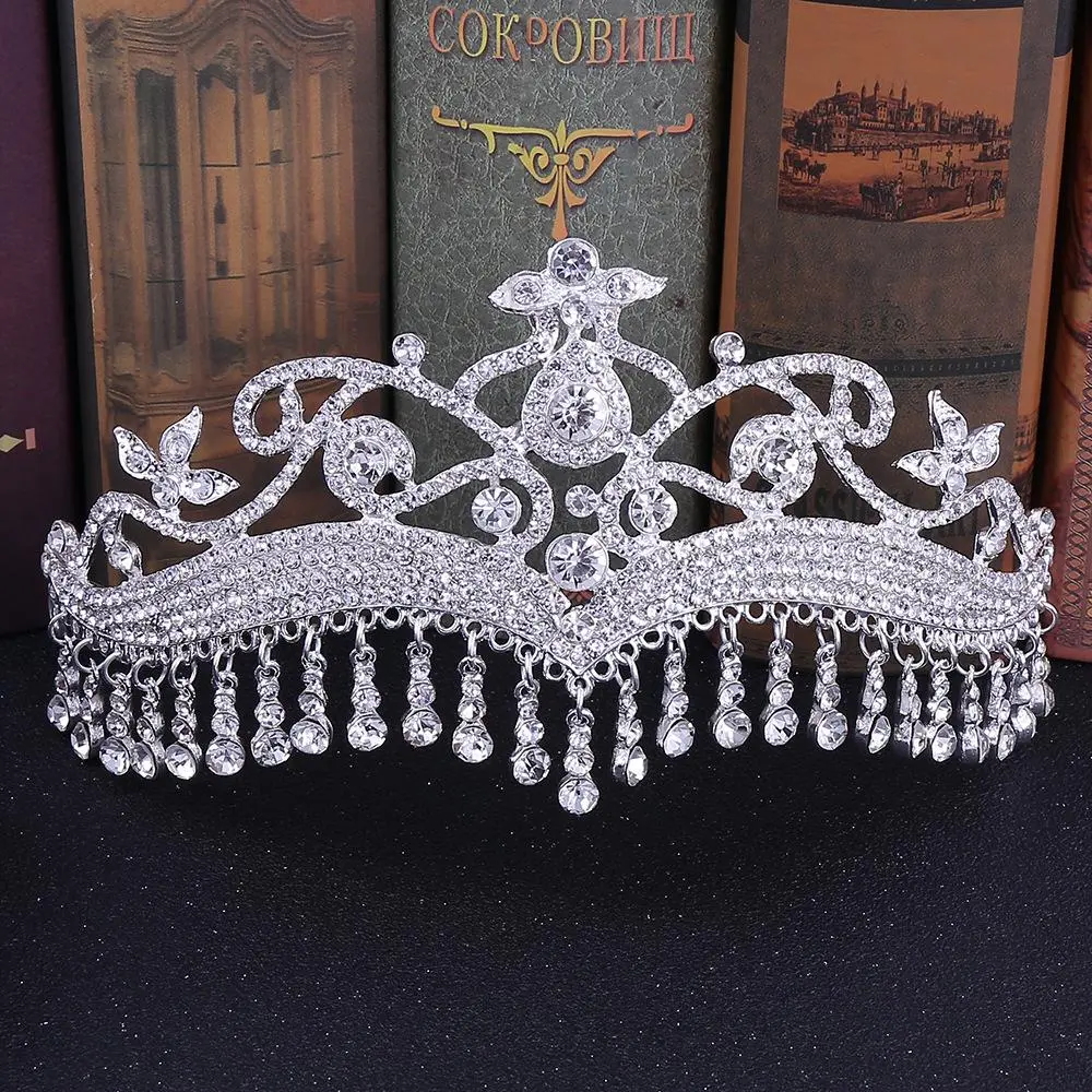 Luxury Rhinestone Tassel Fringe Bridal Tiaras Flower Crystal Diadem Veil Crown Wedding Hair Accessories Headpieces