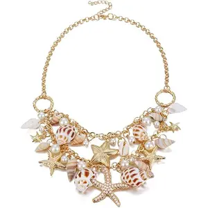 Hamyly shell choker necklace mermaid tail necklace-fashion sea shell starfish faux pearl collar bib chunky statement necklace pendant