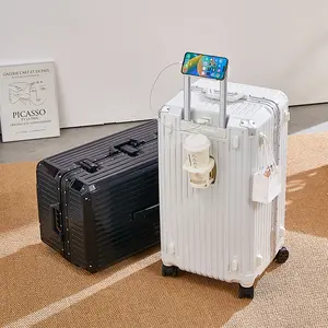 20" Carry on Luggage Aluminium Frame with Cup Holder, Top Opening Suitcases with USB Charging Port, Lightweight Front Pocket Rolling Suitcases with Spinner Wheels, TSA Lock, PC Hardsell