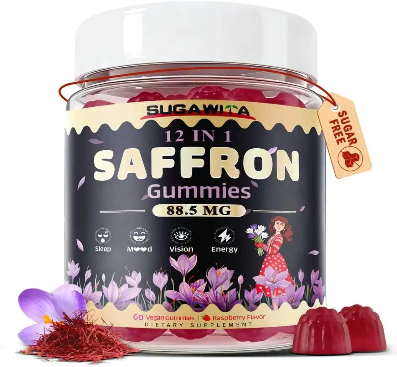 SUGAWITA Saffron Supplements 88.5mg Saffron Gummies for Adults & Childrens | 12 in 1 Saffron Extract, with Curcumin & Zinc & Ashwagandha, Vegan, 30 Servings