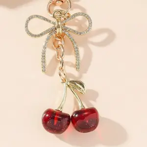 1pc Red Cherry Key Chain Bow Decor Luxurious Design Bag Pendant Accessories Perfect for Valentine's Day Gift Souvenir Car Accessories and School Charm