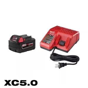 Milwaukee M18 REDLITHIUM XC5.0 Starter Kit 18-Volt Lithium-Ion Battery Charger with 5.0Ah Sequential Charging Indicator & Key-Hole Mounting