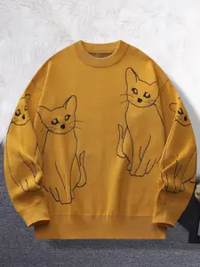 New Fall Winter Cat Pattern Knit Sweater, Trendy Fine Needle Heavyweight Men's Warm Pullover, Casual Animal Print Fitted Style, Long Sleeve, Modern Pullover, Knitwear