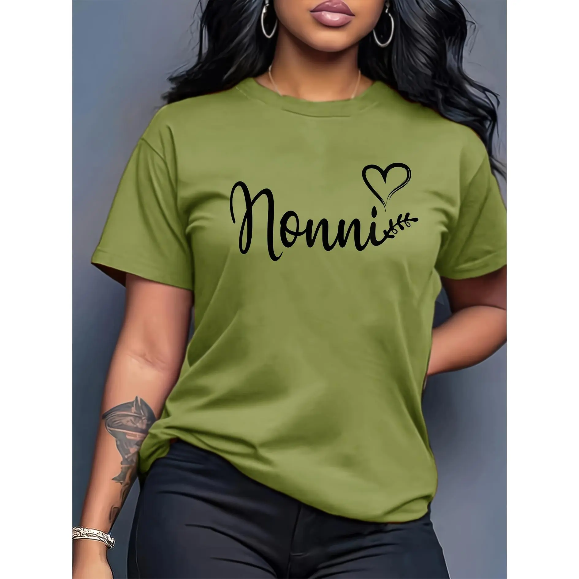 Women's Oversized Short-Sleeve "Nonni" Printed Basic Tee - Heart Print, Round Neck, Smooth Soft Breathable Fabric, Loose Fit, Streetwear Casual Fashion, Machine Washable, Suitable for Spring Summer Autumn, Daily Wear & Commuting