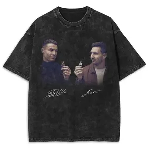 Retro Messi Chritiano Graphic Wash Shirt, Casual Sporty T-shirt, Football Goat Signature, Soccer Champ Legend Street Style Washed t-shirt IOA