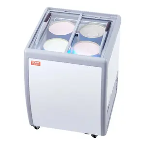 Commercial Ice Cream Display Case, 5.6 Cu.ft Chest Freezer, Mobile Glass Top Deep Freezer, Restaurant Gelato Dipping Cabinet, 2 Sliding Glass Doors, Locking Casters, White
