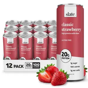 Slate Milk - High Protein Milk Shake - Classic Strawberry - Lactose Free, 20g Protein, 1g Sugar, 100 Calories, 1g Net Carbs, No Added Sugar - Natural, Breakfast Boost, Post Workout - 11 fl oz, 12 Cans