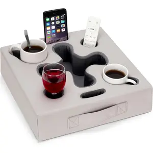 Couch Cup Holder Pillow-Sofa Cup Holder for Bed, Rv, Tv, Car, Man Cave, Backseat| Remote, Drinks, Snacks Tray Caddy Cupholder (PULightGrey)