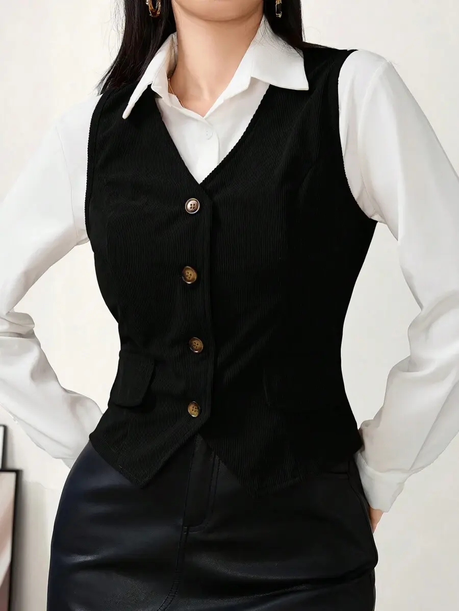 Womens Solid Color V Neck Button Front Vest – Casual Sleeveless Single Breasted Waistcoat for Fall Outfits