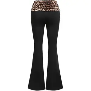 Leopard Print Patchwork Leggings Women's Casual Solid Color Wide-Waist Flare Pants, Fold-Over Waist High Waist Ruched Slim Fit Yoga Pants, New Spring/Summer Hot Girl Micro Flare Fashionable and Comfortable