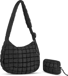 Puffer Tote Bag Quilted Carryall Bag Adjustable  Long Strap Puffy Hobo Crossbody Bag for Women with Detachable Pouch