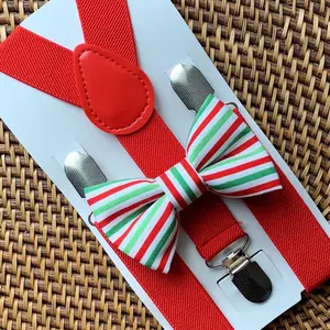 Red, Green & White Striped Bow Tie & Red Suspenders Set