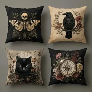 4-Pack Halloween Pillowcases 18x18, Modern Gothic Style Decorative Pillowcases with Skull, Black Cat, Moth, Crow Floral Patterns, Zippered Cushion Covers for Living Room, Bedroom, Sofa- Machine Washable, 100% Polyester, Pillow Core Not Included
