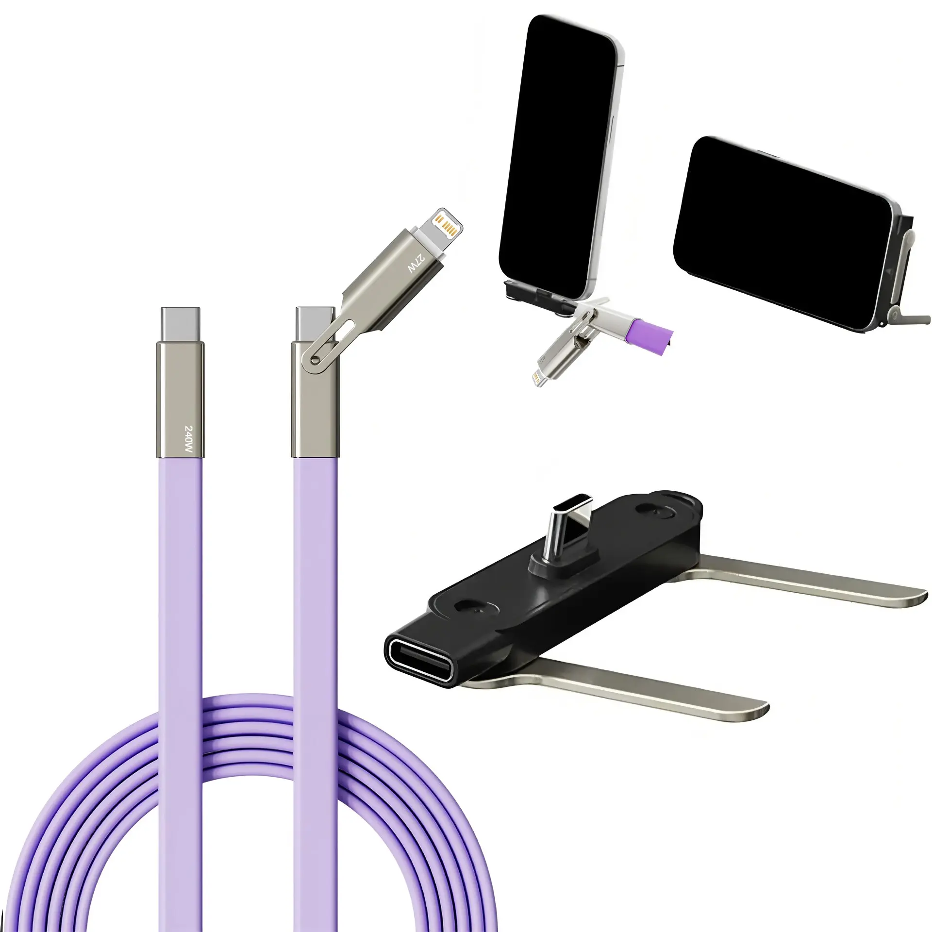 240w USB C to C Type iOS Interface Phone Stand Charger Adapter Connector Super Fast Charging Cable with PD Invisible Phone Stand Detachable USB C Cables Wired Fast Charge