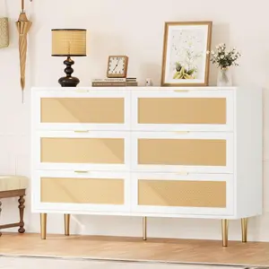 【Christmas Gift】6 Drawer Dresser  Rattan Chest of Drawer  Wide Double Drawer Dresser  Farmhouse Wooden Dresser with Metal Legs  Large Drawer Unit for Living Room Bedroom  White