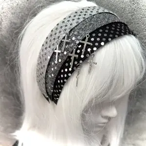 Gothic Rock Sequin Cross Headband Y2K Subculture Hair Accessory with Silver and Black Polka Dot Design for Bold Edgy Fashion Statement Piece clip