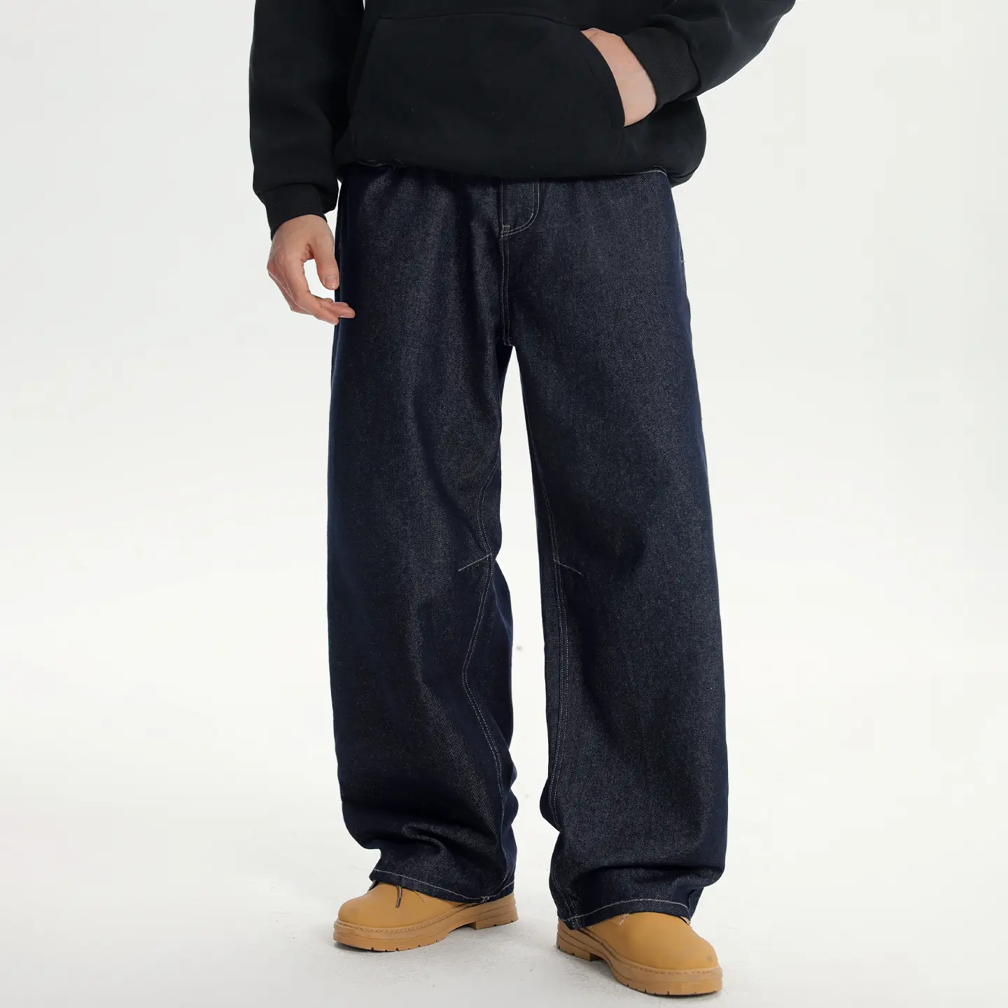 Men's Classic Thick Leather Menswear Workwear Natural Solid Dark Blue High-Waisted Loose Wide-Leg Long Jeans - Smooth, Belt-Compatible, Drapey Floor-Length Vintage Wash, Wear-Resistant Street Casual Stacked Pants (Spring/Autumn)